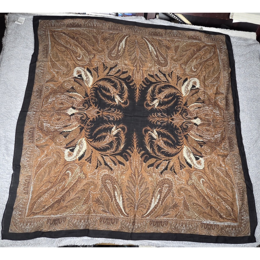 Perry Ellis Scarf Womens OS Brown Paisley 100% Wool Square Vintage Made in Japan